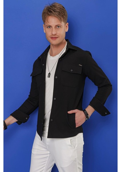 Comfort Fit Kapaklı Cep Çıtçıtlı Esnek Pamuk Siyah Gömlek Ceket G 1550 fırsatları
