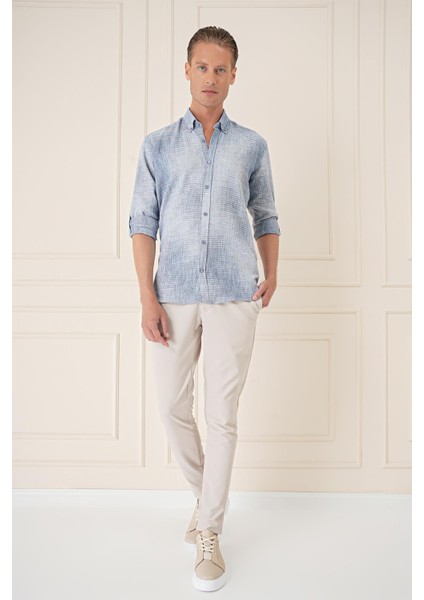 Comfort Fit Batik Desen %100 Keten Mavi Gömlek G 1571