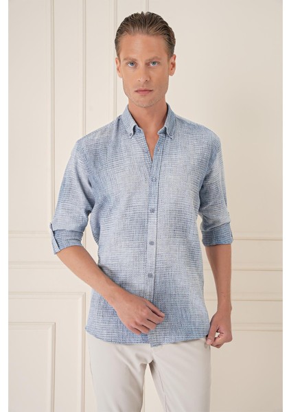 Comfort Fit Batik Desen %100 Keten Mavi Gömlek G 1571 fiyatları