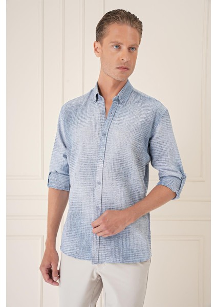 Comfort Fit Batik Desen %100 Keten Mavi Gömlek G 1571 modelleri