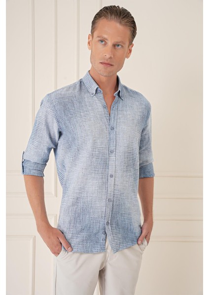 Comfort Fit Batik Desen %100 Keten Mavi Gömlek G 1571 fırsatları