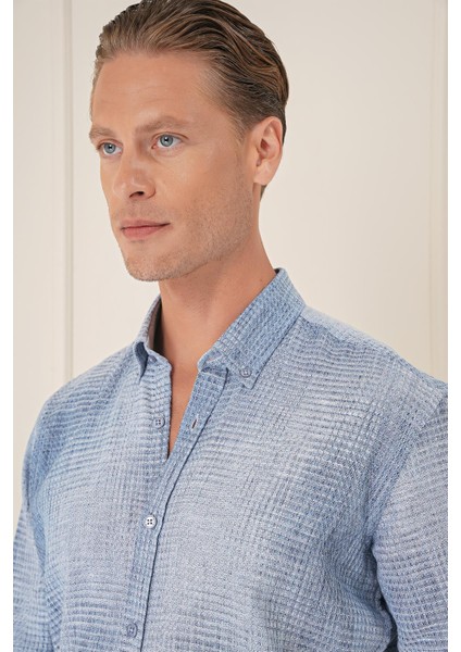 Comfort Fit Batik Desen %100 Keten Mavi Gömlek G 1571 indirimleri