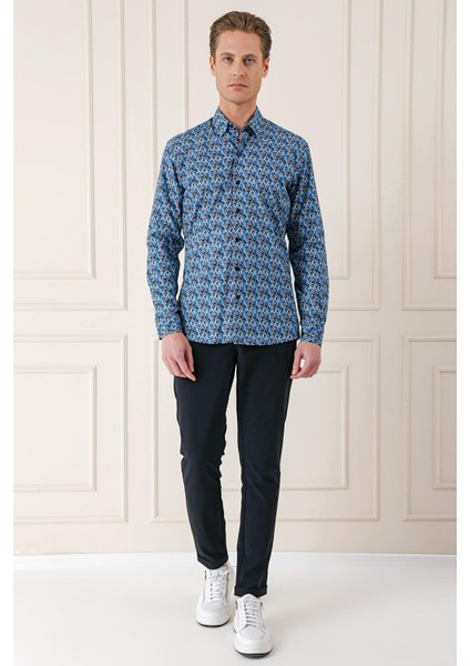 Comfort Fit Klapalı Yaka Baskılı %100 Pamuk Mavi Gömlek G 1576 fiyatları