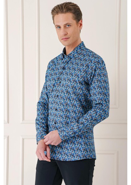Comfort Fit Klapalı Yaka Baskılı %100 Pamuk Mavi Gömlek G 1576 modelleri
