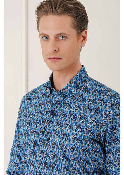 Comfort Fit Klapalı Yaka Baskılı %100 Pamuk Mavi Gömlek G 1576 fırsatları