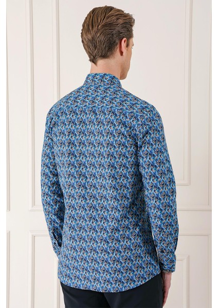 Comfort Fit Klapalı Yaka Baskılı %100 Pamuk Mavi Gömlek G 1576 indirimleri