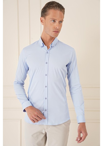 Slim Fit Düğmeli Yaka Esnek Pamuk Klasik Mavi Gömlek Gk 727 fırsatları