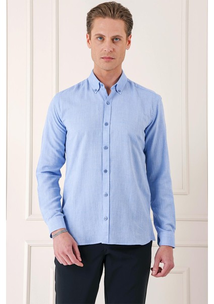 Slim Fit Düğmeli Yaka %100 Pamuk Klasik Koyu Mavi Gömlek Gk 723