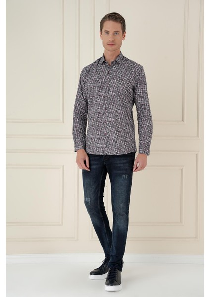 Slim Fit Baskılı %100 Pamuk Spor Gri Gömlek G 1586