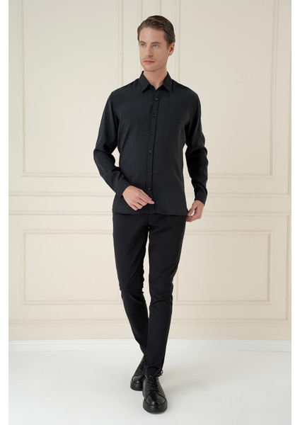 Slim Fit %100 Modal Uzun Kol Klasik Siyah Gömlek Gk 743