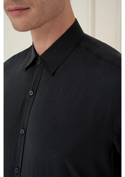Slim Fit %100 Modal Uzun Kol Klasik Siyah Gömlek Gk 743 indirimleri