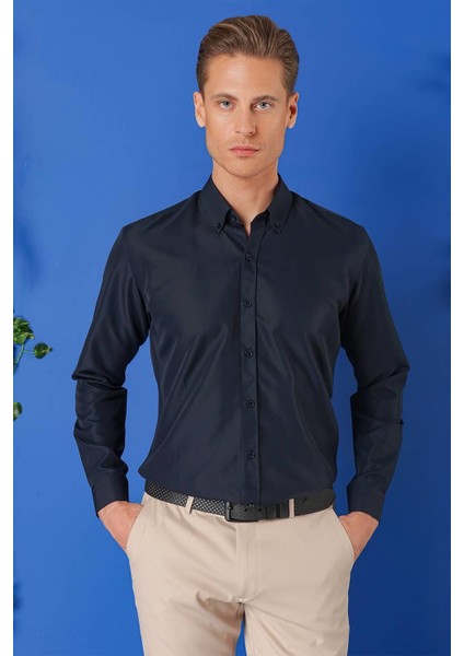 Slim Fit Düğmeli Yaka Pamuklu Klasik Lacivert Gömlek Gk 715