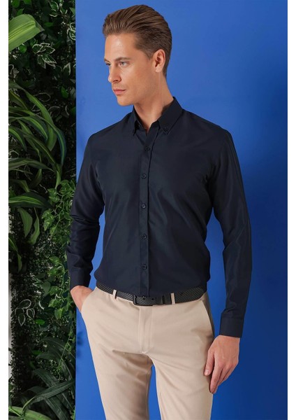 Slim Fit Düğmeli Yaka Pamuklu Klasik Lacivert Gömlek Gk 715 fiyatları