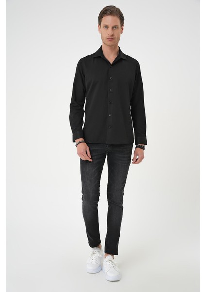 Slim Fit Dokulu Erkek Yaka Pamuklu Klasik Siyah Gömlek Gk 740