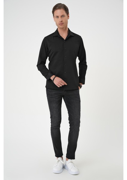 Slim Fit Dokulu Erkek Yaka Pamuklu Klasik Siyah Gömlek Gk 740 fiyatları