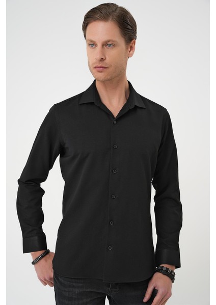 Slim Fit Dokulu Erkek Yaka Pamuklu Klasik Siyah Gömlek Gk 740 modelleri