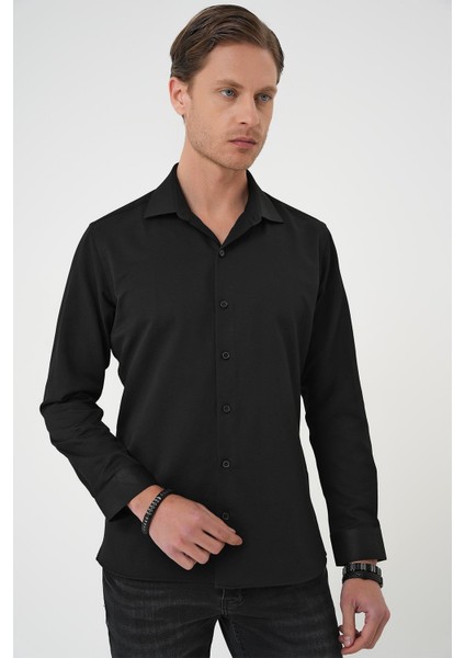 Slim Fit Dokulu Erkek Yaka Pamuklu Klasik Siyah Gömlek Gk 740 fırsatları