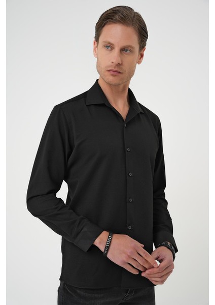 Slim Fit Dokulu Erkek Yaka Pamuklu Klasik Siyah Gömlek Gk 740 indirimleri