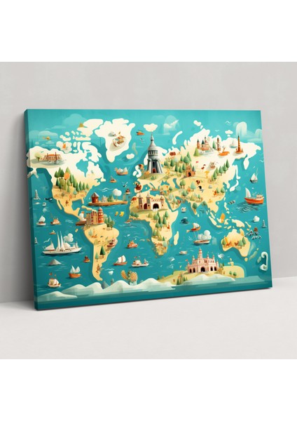 Renkli Resimli Dünya Haritası Duvar Sanatı - Dünya Haritası Kanvas Canlı Renkler Illüstrasyonlu