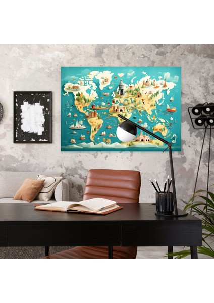 Renkli Resimli Dünya Haritası Duvar Sanatı - Dünya Haritası Kanvas Canlı Renkler Illüstrasyonlu fiyatları