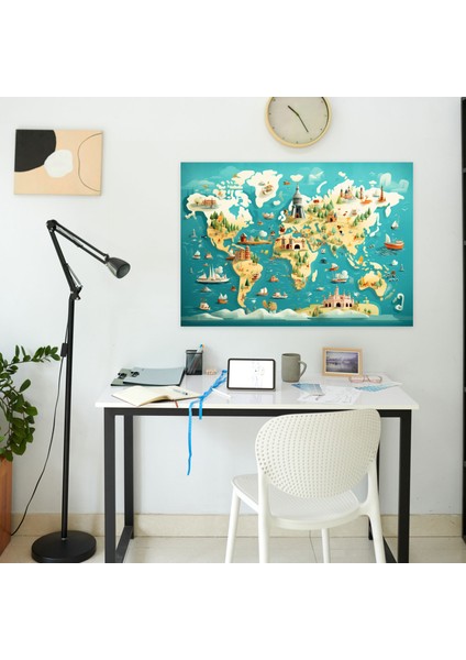 Renkli Resimli Dünya Haritası Duvar Sanatı - Dünya Haritası Kanvas Canlı Renkler Illüstrasyonlu modelleri