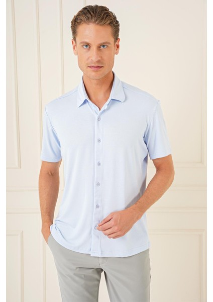 Comfort Fit Spor Yaka Kısa Kol Esnek Pamuk Mavi Gömlek G 1573 modelleri