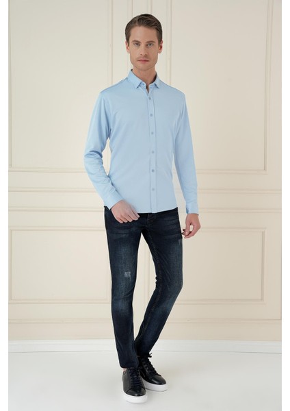 G 1583 Slim Fit Mavi Klasik Gömlek