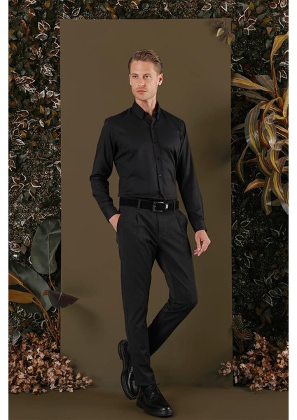Gk 706 Slim Fit Siyah Klasik Gömlek