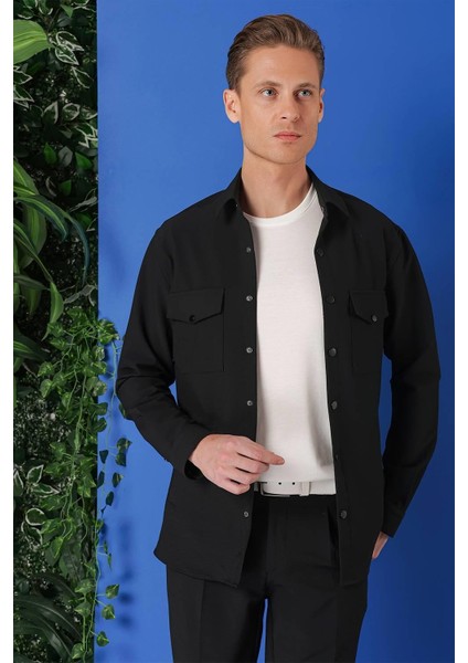 Comfort Fit Yan Cep Çıtçıtlı Esnek Pamuk Siyah Gömlek Ceket G 1565