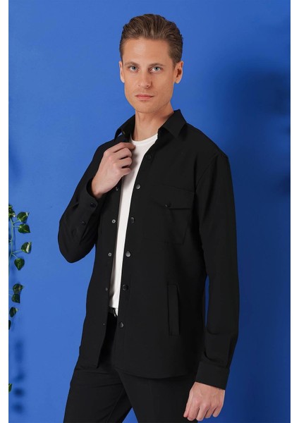 Comfort Fit Yan Cep Çıtçıtlı Esnek Pamuk Siyah Gömlek Ceket G 1565 modelleri