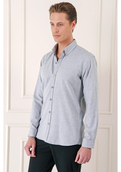 Slim Fit Düğmeli Yaka Dokulu %100 Pamuk Klasik Gri Gömlek Gk 724 modelleri