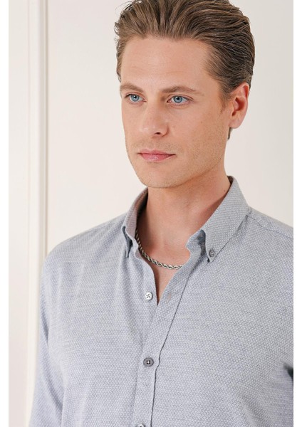 Slim Fit Düğmeli Yaka Dokulu %100 Pamuk Klasik Gri Gömlek Gk 724 indirimleri