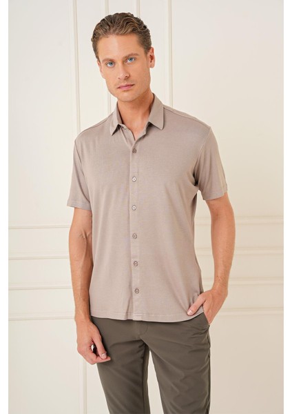 Comfort Fit Spor Yaka Kısa Kol Esnek Pamuk Vizon Gömlek G 1573 fiyatları