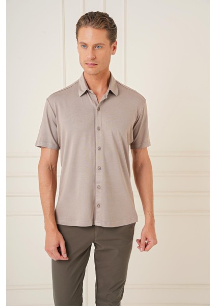 Comfort Fit Spor Yaka Kısa Kol Esnek Pamuk Vizon Gömlek G 1573 modelleri