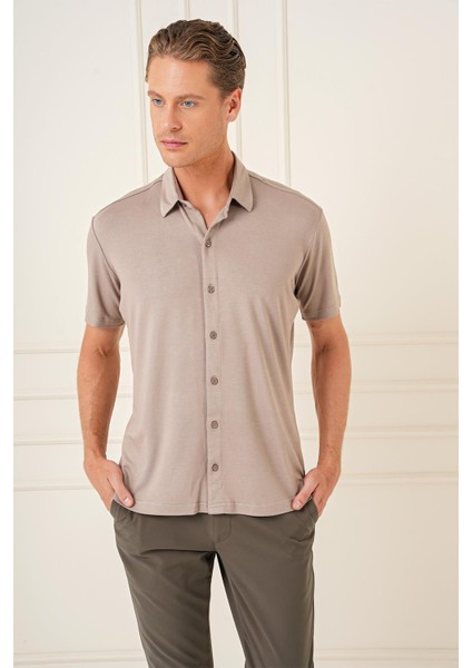 Comfort Fit Spor Yaka Kısa Kol Esnek Pamuk Vizon Gömlek G 1573 fırsatları