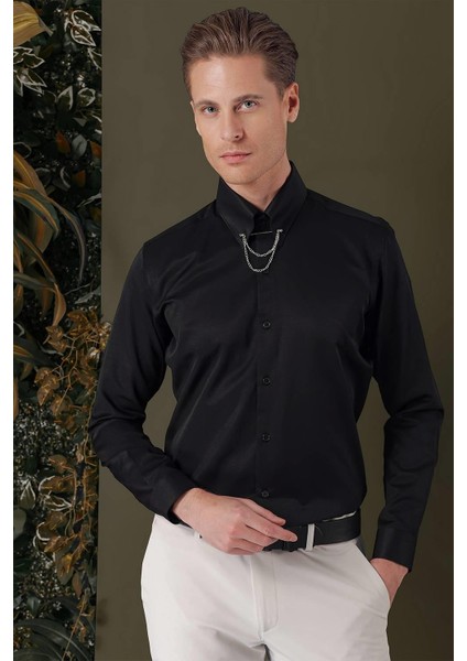 Gk 710 Slim Fit Siyah Klasik Gömlek