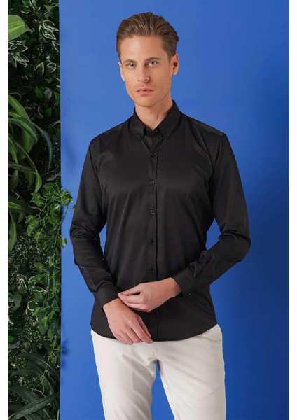 Slim Fit Düğmeli Yaka Pamuklu Klasik Siyah Gömlek Gk 714