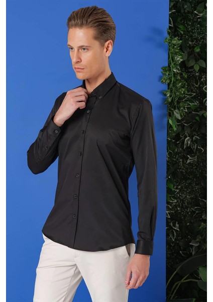 Slim Fit Düğmeli Yaka Pamuklu Klasik Siyah Gömlek Gk 714 fiyatları