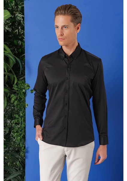 Slim Fit Düğmeli Yaka Pamuklu Klasik Siyah Gömlek Gk 714 modelleri