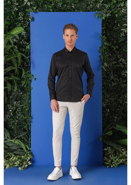 Slim Fit Düğmeli Yaka Pamuklu Klasik Siyah Gömlek Gk 714 fırsatları