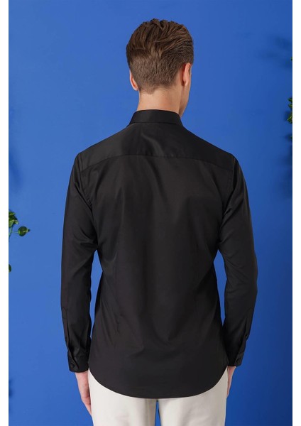 Slim Fit Düğmeli Yaka Pamuklu Klasik Siyah Gömlek Gk 714 indirimleri