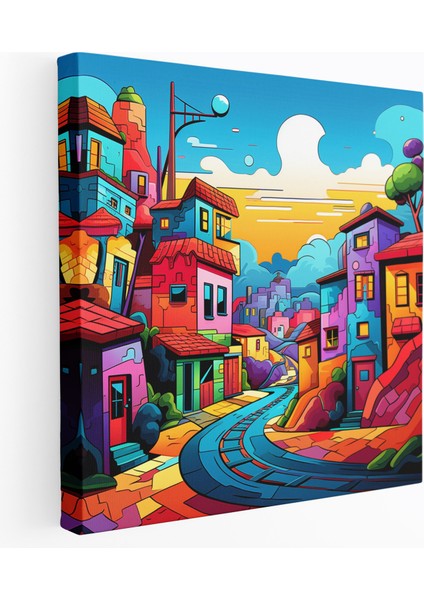 Renkli Köy Manzarası Kanvas Tablo - Köy Duvar Dekorasyonu Ev Dekorasyonu