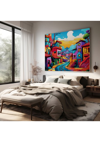Renkli Köy Manzarası Kanvas Tablo - Köy Duvar Dekorasyonu Ev Dekorasyonu modelleri