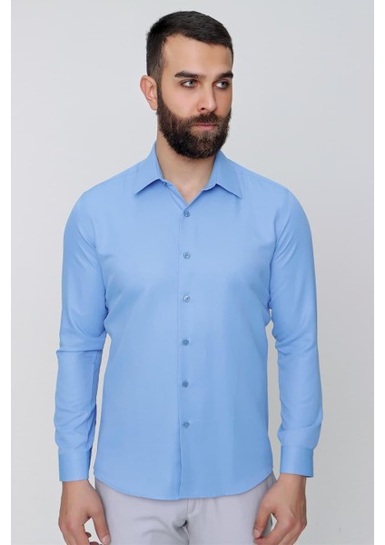 Slim Fit Pamuk Saten Klasik Mavi Gömlek Gk 624