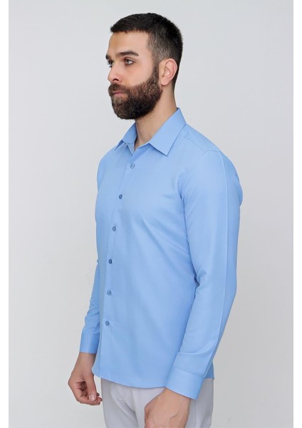 Slim Fit Pamuk Saten Klasik Mavi Gömlek Gk 624