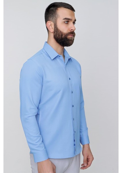 Slim Fit Pamuk Saten Klasik Mavi Gömlek Gk 624