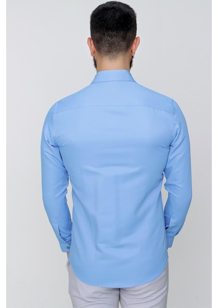 Slim Fit Pamuk Saten Klasik Mavi Gömlek Gk 624