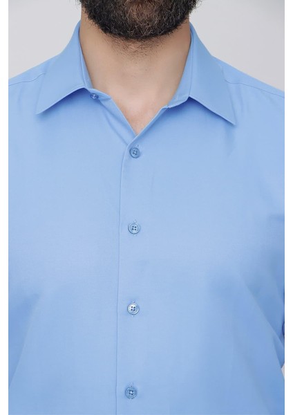 Slim Fit Pamuk Saten Klasik Mavi Gömlek Gk 624
