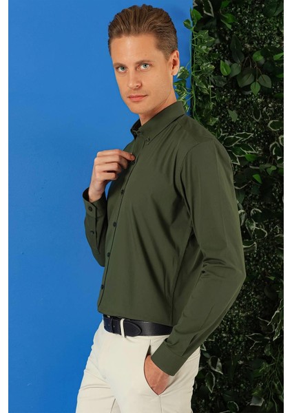 Slim Fit Düğmeli Yaka Pamuklu Klasik Haki Gömlek Gk 715 modelleri
