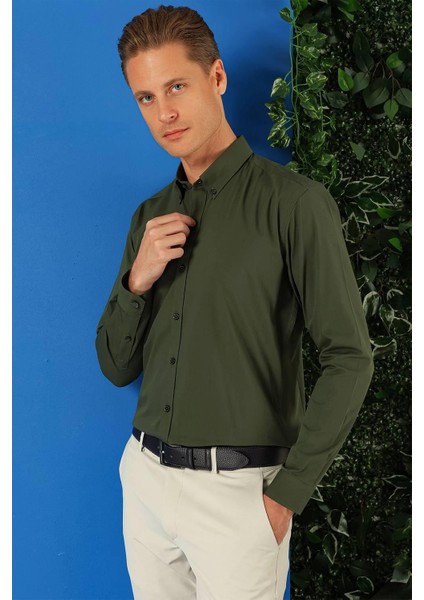 Slim Fit Düğmeli Yaka Pamuklu Klasik Haki Gömlek Gk 715 fırsatları